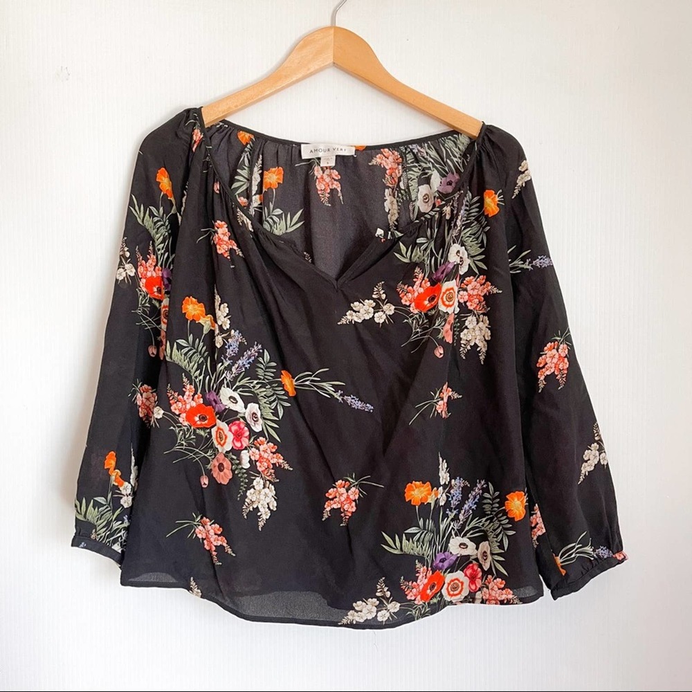 Amour Vert | Black Floral 100% Silk Blouse